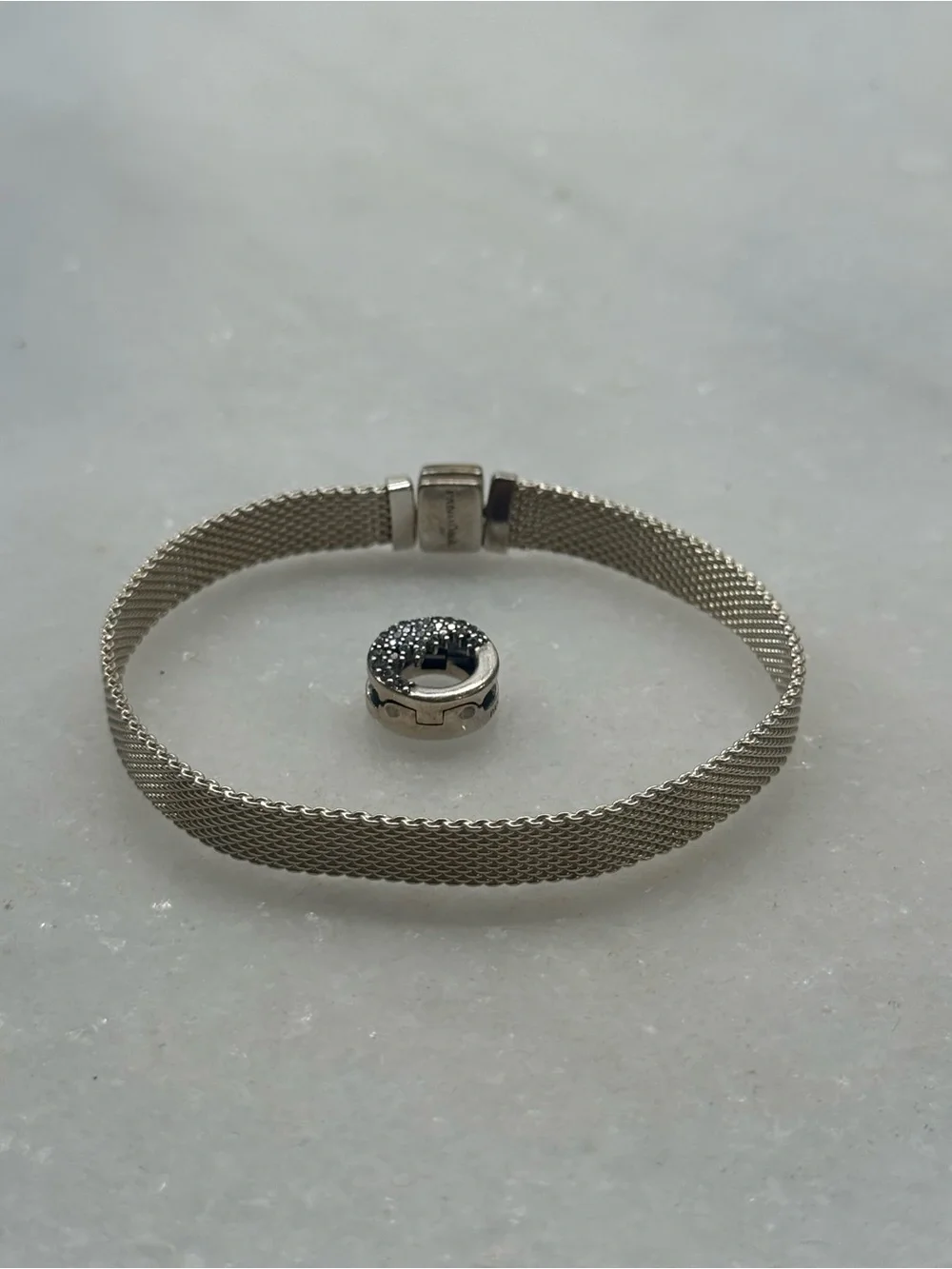 Pandora Silver Mesh Bracelet with Pavé Circle Charm 925 ALE 7.25 inches